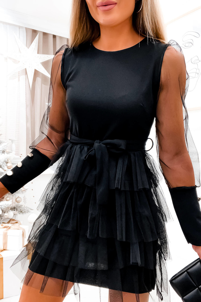 CZARNA SUKIENKA Z TIULOWYM DOŁEM I BUFIASTYMI RĘKAWAMI