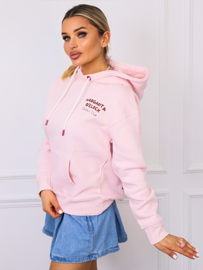 BLUZA Z KAPTUREM Z NAPISEM Z PRZODU I APIKACJĄ NA PLECACH- RÓŻOWA