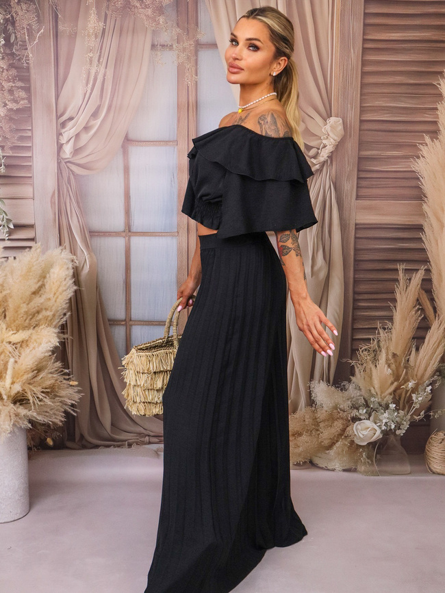 KOMPLET TOP HISZPANKA+ SPODNIE PLISOWANE- CZARNY