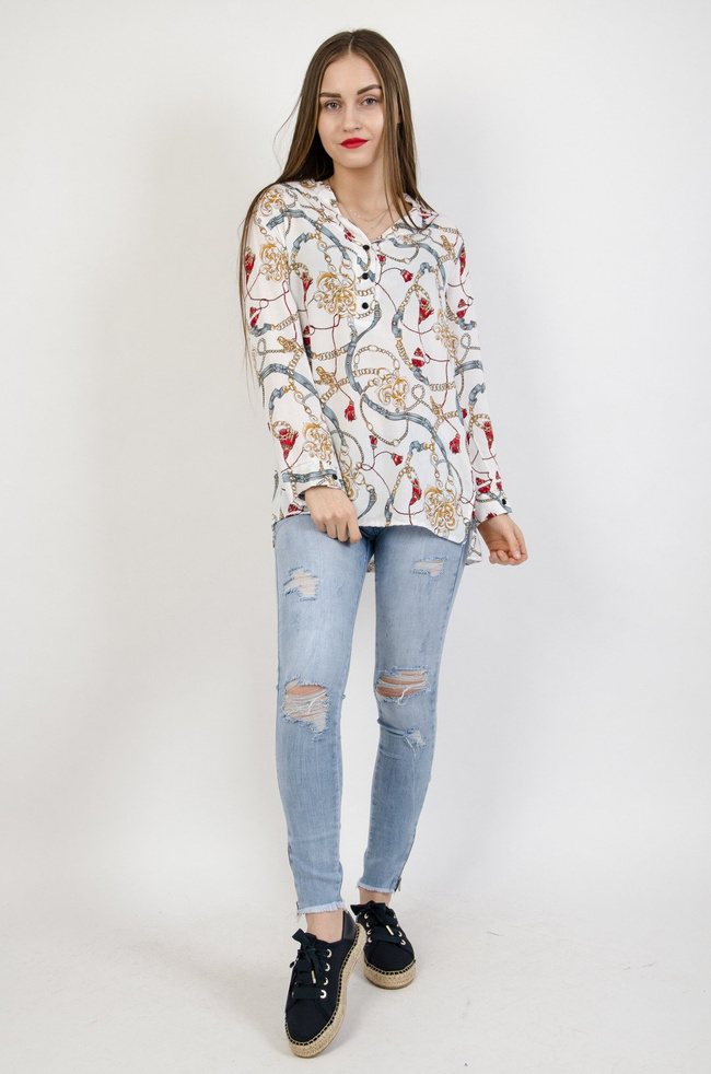 Biała bluzka koszulowa w kolorowe wzory