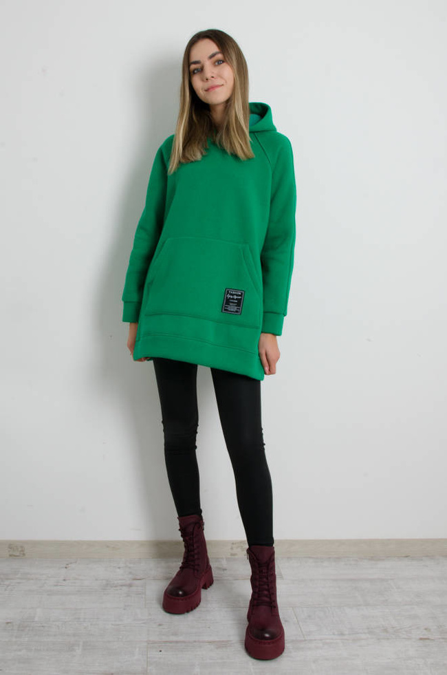 BLUZA OVERSIZE Z ROZCIĘCIAMI PO BOKACH I OZDOBNĄ NASZYWKĄ- ZIELONA