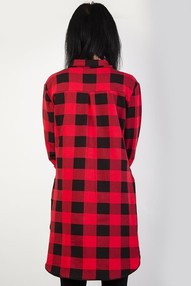 Asymetryczna czerwona koszula w kratę z srebrną cekinową kieszonką