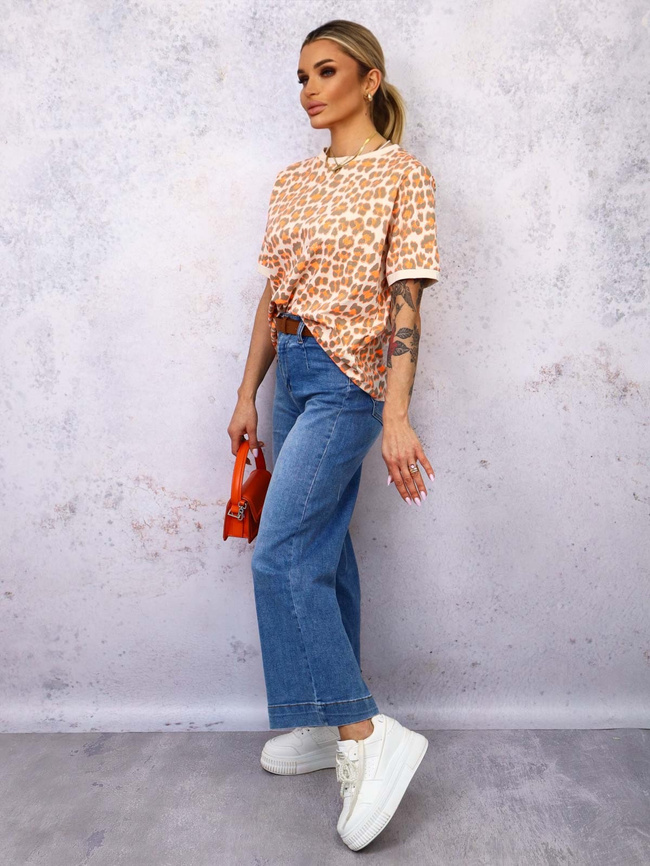 T-SHIRT W KOLOROWE CĘTKI- BEŻOWY