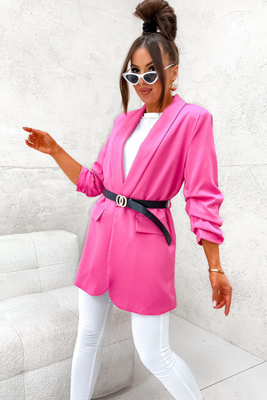 DŁUŻSZA MARYNARKA Z PASKIEM I MARSZCZONYM RĘKAWEM- RÓŻOWA