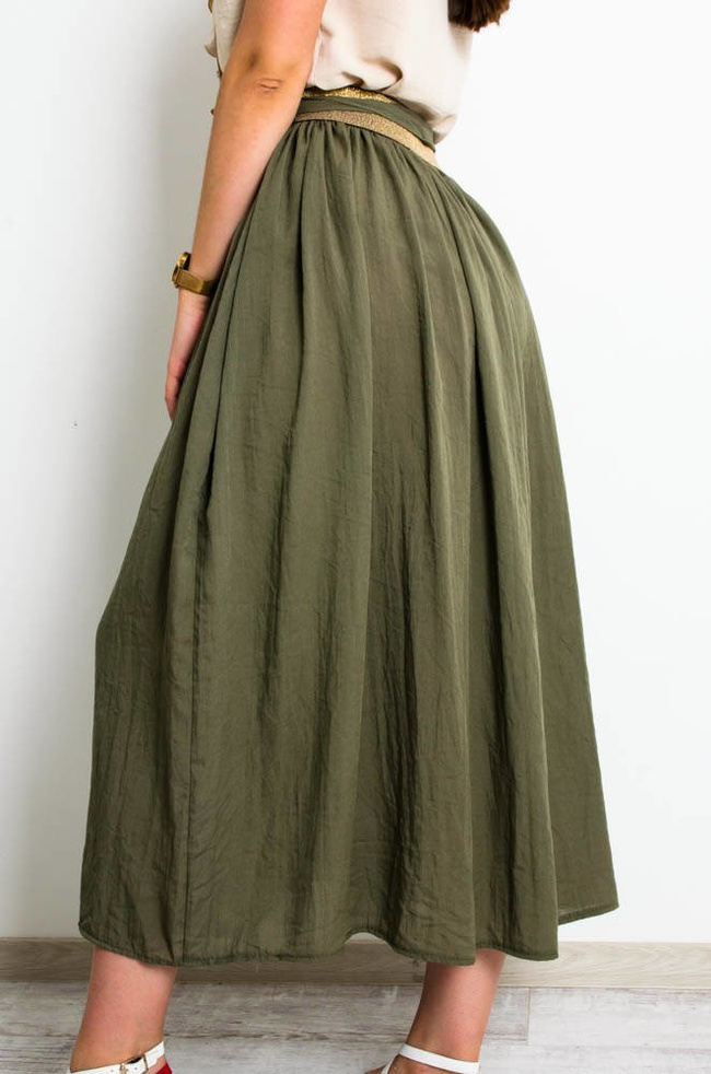 ZIELONA SPÓDNICA MAXI Z WIĄZANIEM-ZŁOTA GUMA W PASIE
