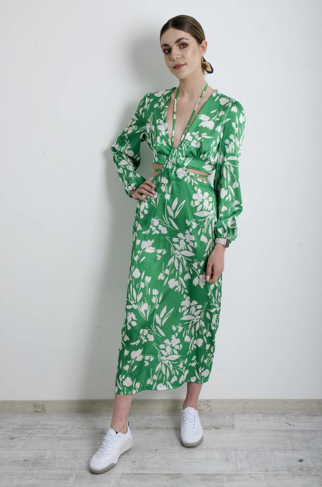 SUKIENKA ZIELONA W KWIATY Z WYCIĘCIEM