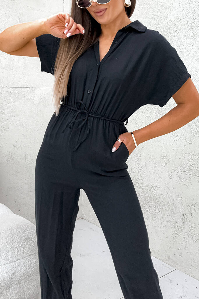 KOMBINEZON Z GUZIKAMI I GUMKĄ W PASIE- CZARNY
