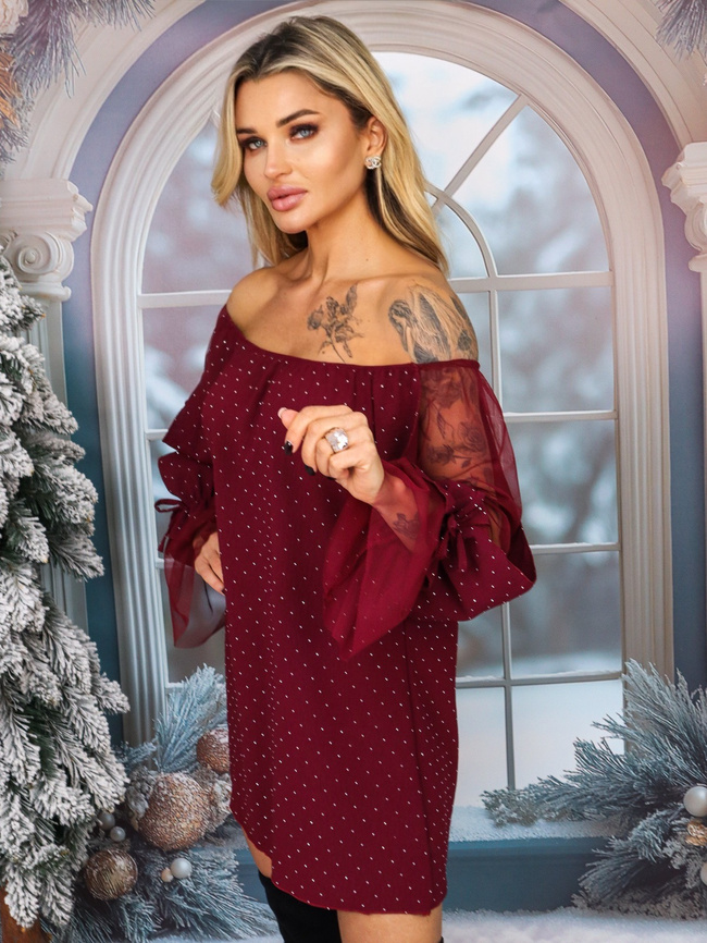 BLUZKA W CYRKONIE Z OZDOBNYM RĘKAWEM Z SIATKI I I FALBANKĄ- BORDOWA