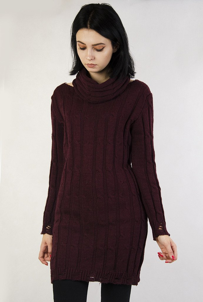 Bordowy sweter przedłużany, z kominem