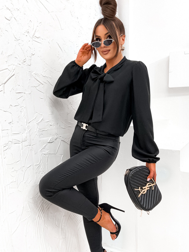BLUZKA Z OZDOBNYM WIĄZANIEM PRZY SZYI- CZARNA