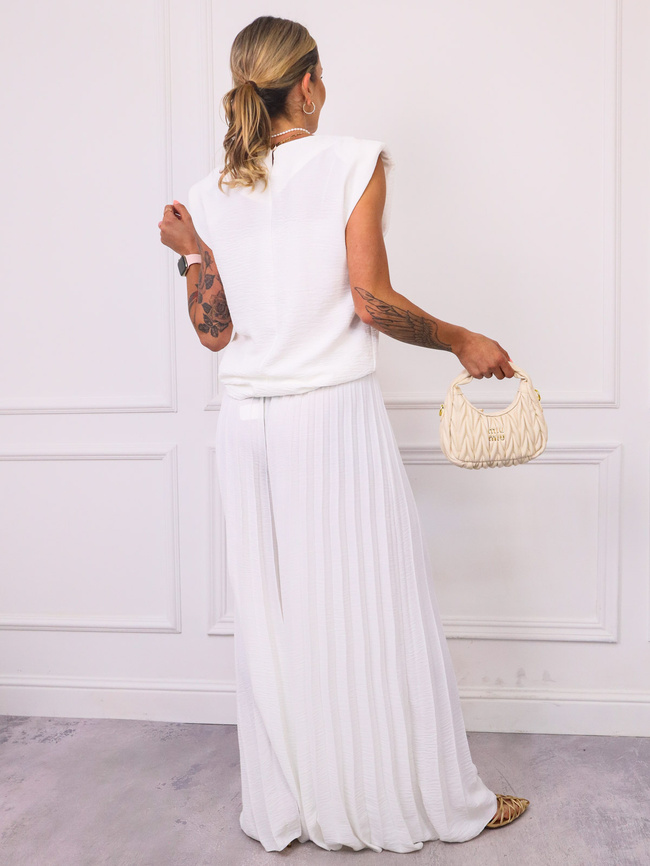 KOMPLET BLUZKA+ SZEROKIE PLISOWANE SPODNIE- BIAŁY