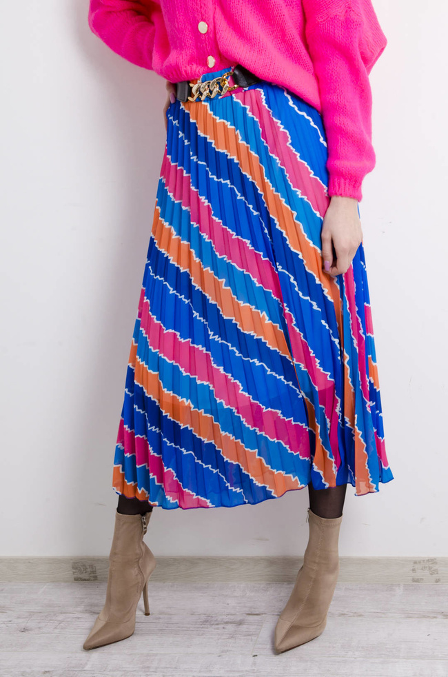 SPÓDNICA WZORZYSTA PLISOWANA Z PASKIEM- NIEBIESKA