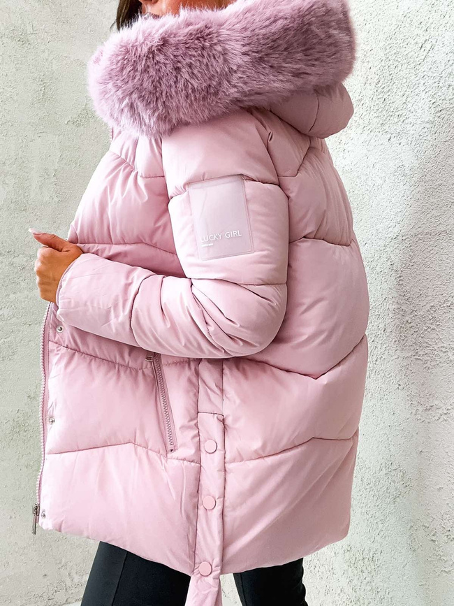KURTKA Z NASZYWKĄ I LISEM NA KAPTURZE- RÓŻOWA