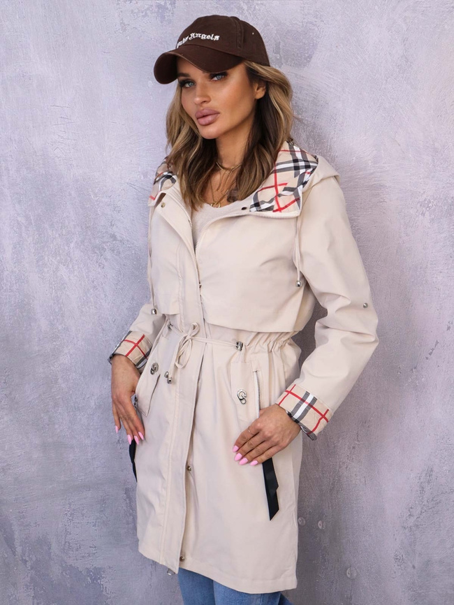 KURTKA PARKA Z KAPTUREM W KRATĘ- JASNOBEŻOWA