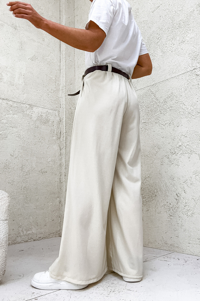 SZEROKIE SPODNIE ONESIZE Z WYSOKIM STANEM I PASKIEM- BEŻOWE