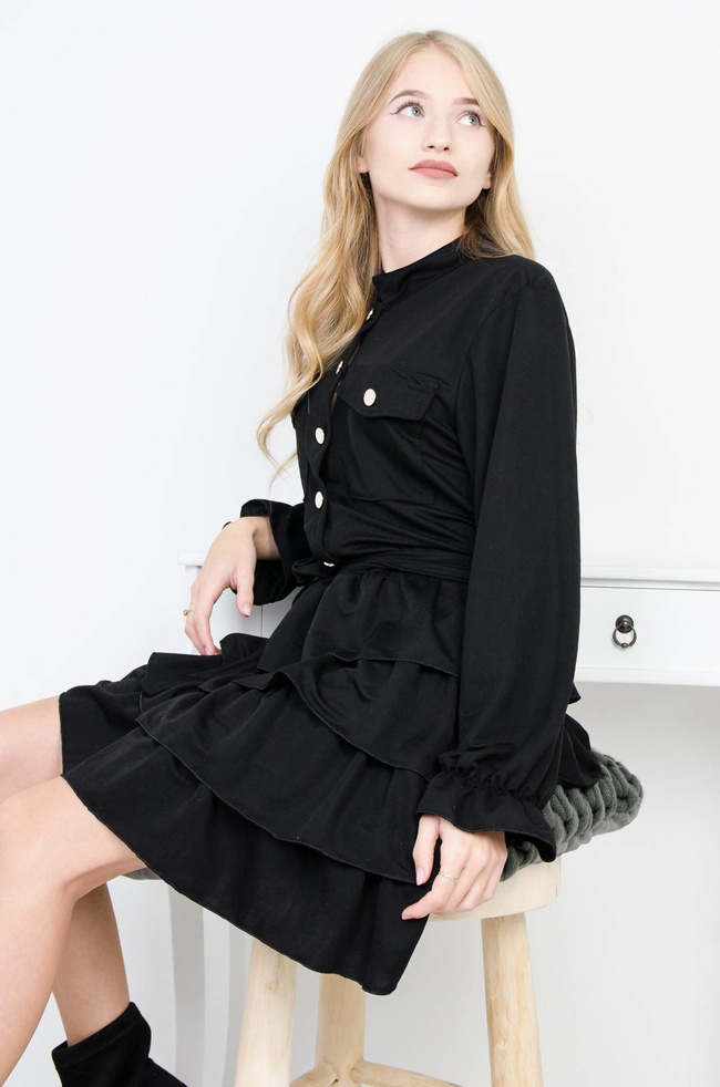 CZARNA SUKIENKA KOSZULOWA Z FALBANAMI
