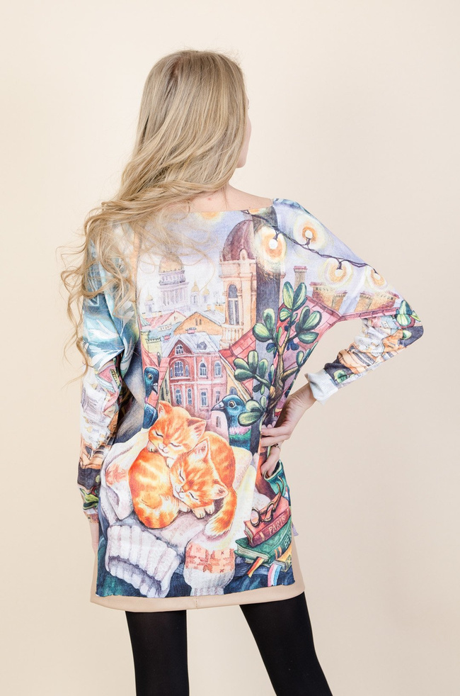 Kolorowa bluzka z długim rękawem-motyw z kotami