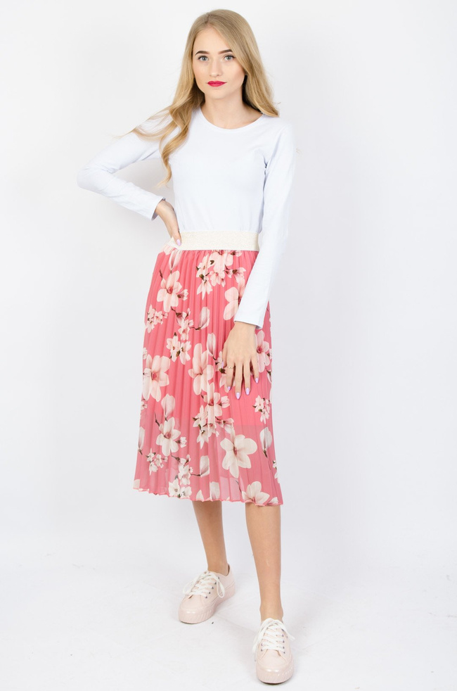 PLISOWANA SPÓDNICA W KWIATY W KOLORZE RÓŻOWYM