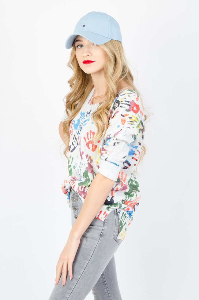 BIAŁA BLUZKA W SZPIC Z KOLOROWYM NADRUKIEM