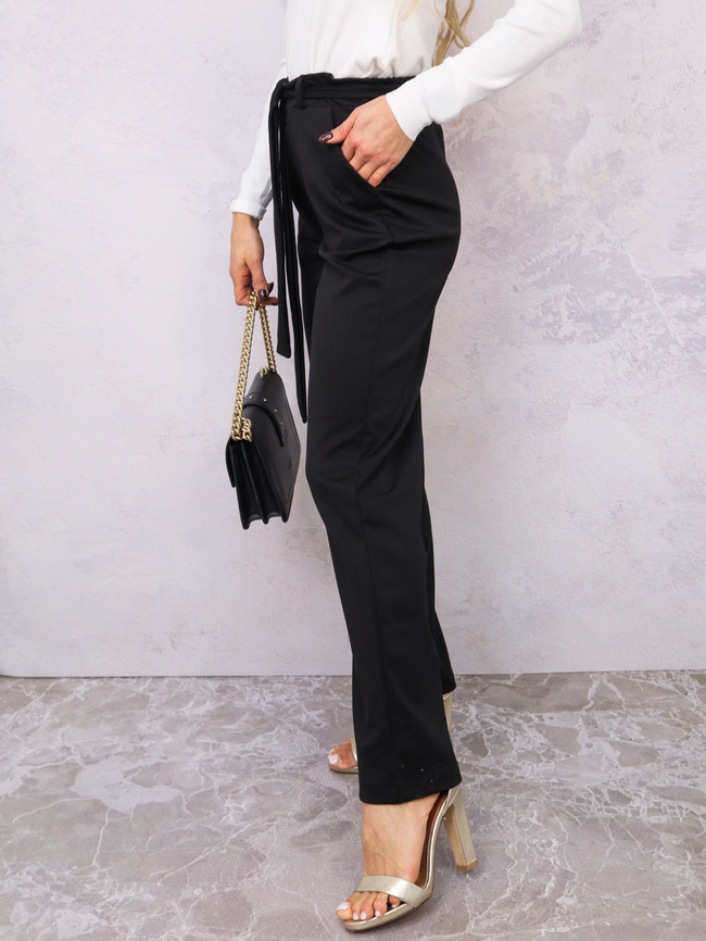 ELEGANCKIE SPODNIE Z WIĄZANIEM W PASIE- CZARNE