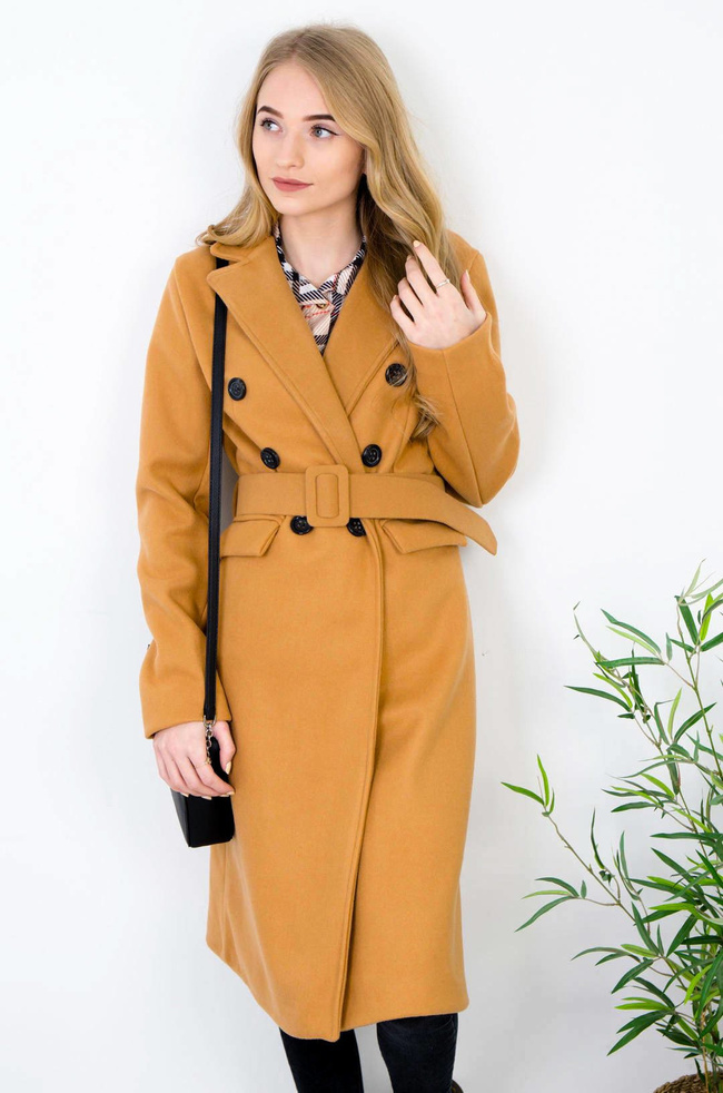 DŁUGI BRĄZOWY TALIOWANY PŁASZCZ 