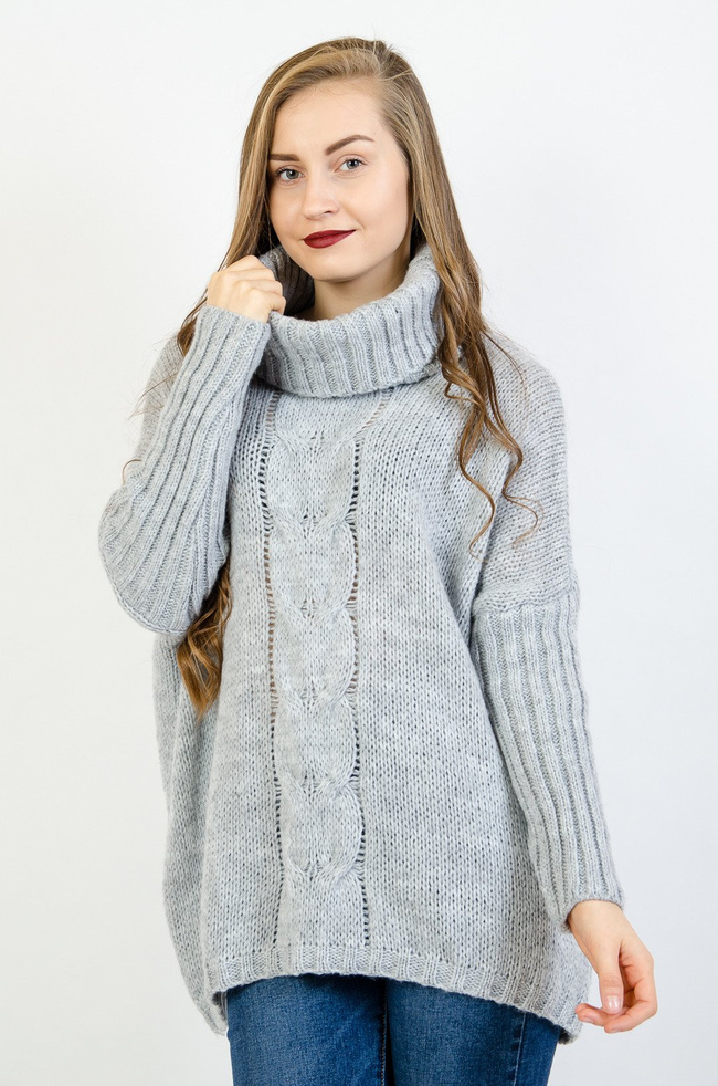 Szary asymetryczny sweter typu nietoperz z golfem