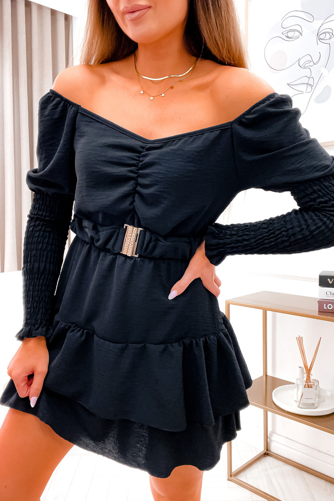 KOMBINEZON Z MARSZCZONYMI RĘKAWAMI I SPÓDNICĄ- CZARNY