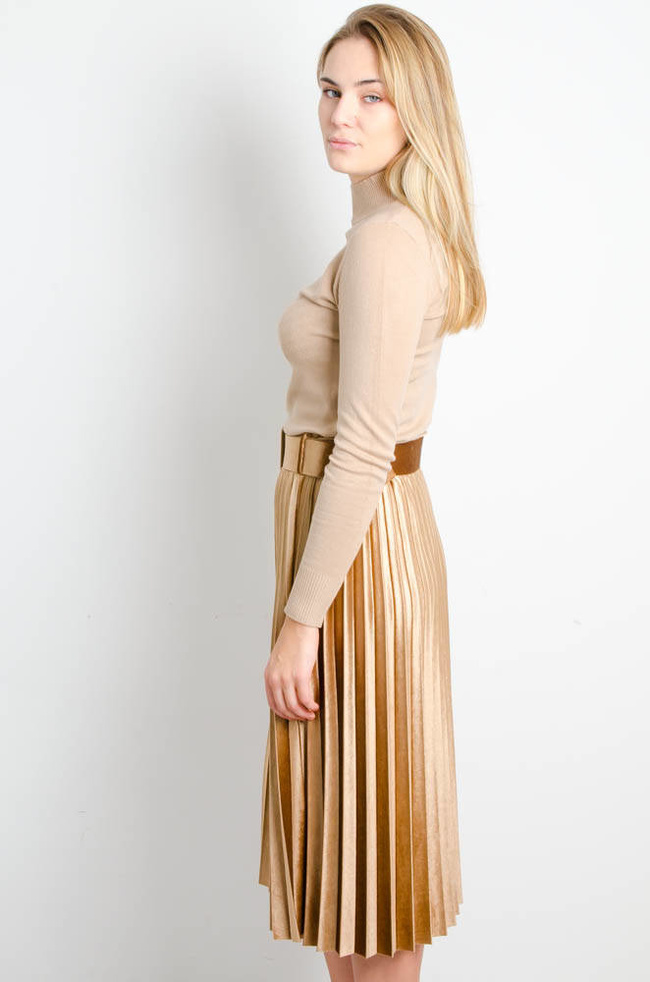 BRĄZOWA WELUROWA PLISOWANA SPÓDNICA Z PASKIEM-MIDI