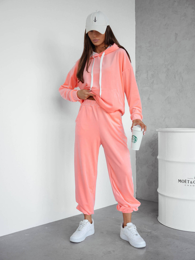 KOMPLET WELUROWY BLUZA+ SPODNIE Z KONTRASTOWYMI LAMPASAMI-BRZOSKWINIOWY