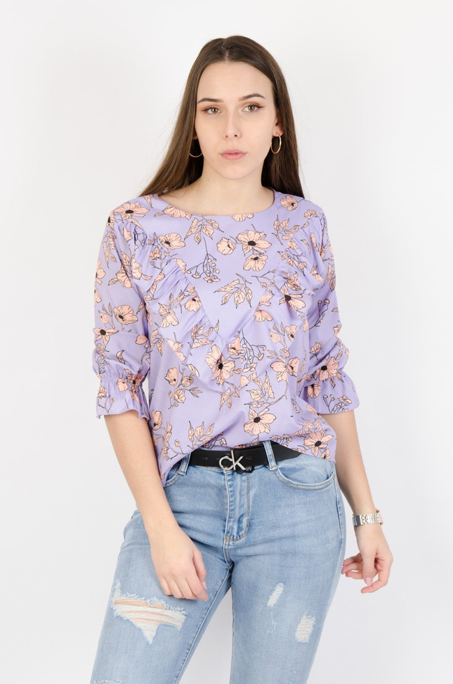 Fioletowa bluzka w pomarańczowe kwiaty z falbaną