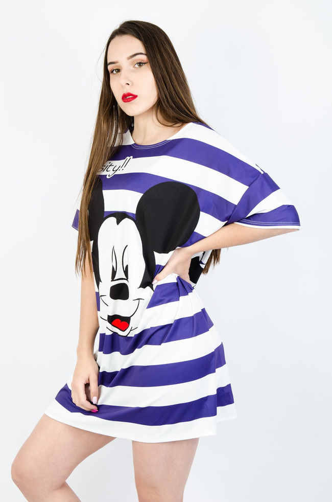 BIAŁA TUNIKA W PASKI Z APLIKACJĄ-FIOLETOWE PASKI