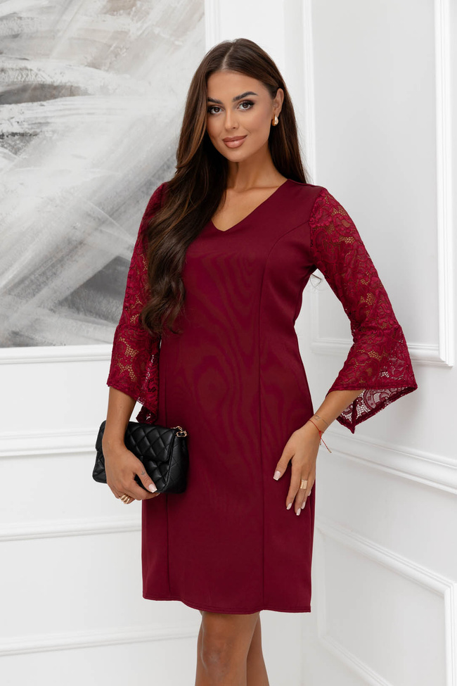 SUKIENKA MINI Z KORONKOWYMI RĘKAWAMI- BORDOWA