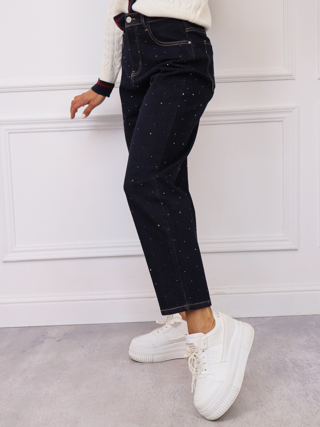SPODNIE JEANSOWE MOM FIT Z CYRKONIAMI- CIEMNY GRANAT