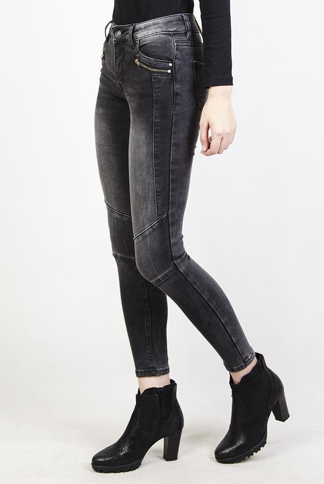 Szare spodnie rurki jeansowe z zamkami i przeszyciami