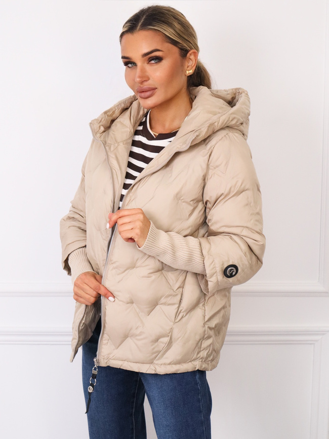 KURTKA PIKOWANA Z MATERIAŁOWYM ŚCIAGACZEM NA RĘKAWIE- BEŻOWA