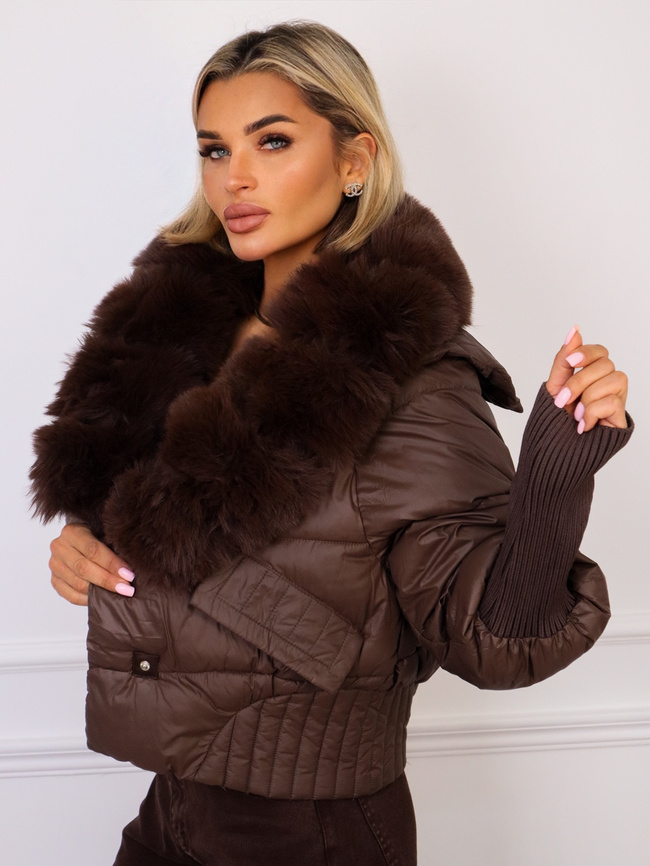 KURTKA KRÓTKA Z ODPINANYM FUTERKIEM- CZEKOLADOWA