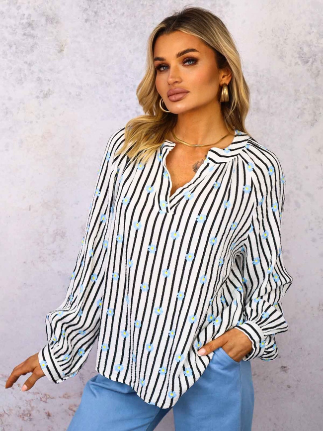 BLUZKA KOSZULOWA W PASKI I KWIATKI- CZARNA