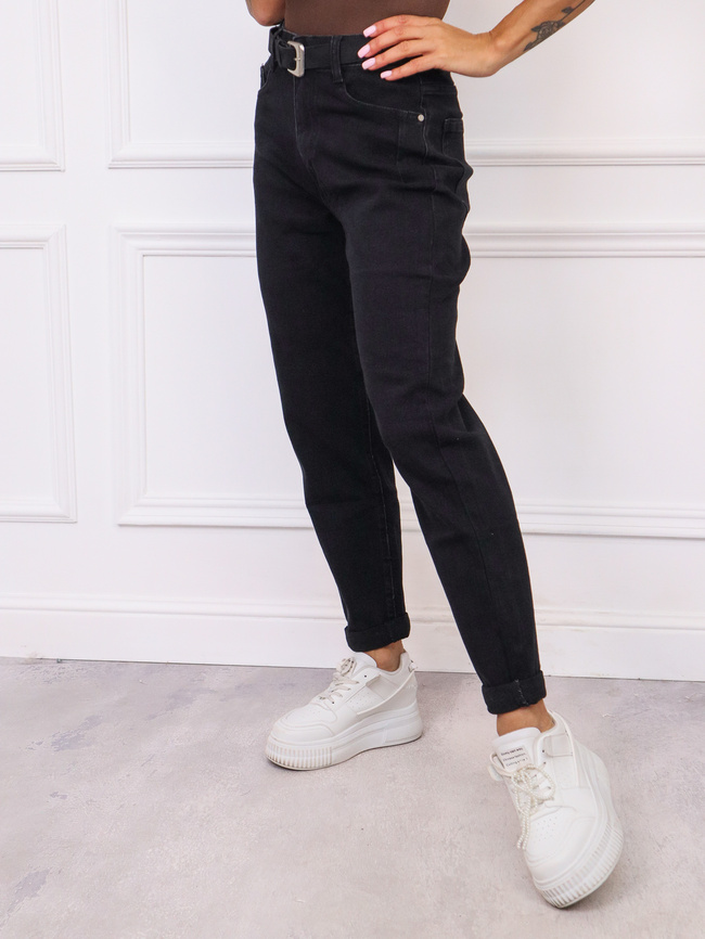 SPODNIE JEANSOWE PLUS SIZE MOM FIT Z PRZESZYCIAMI PRZY KIESZENIACH+ PASEK- CZARNE