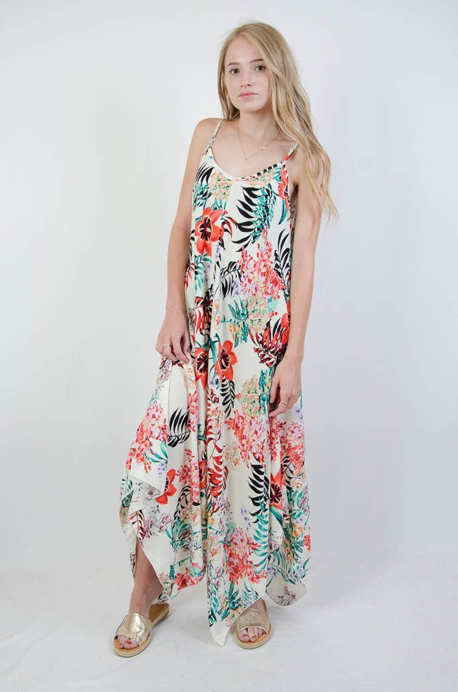 KREMOWA ASYMETRYCZNA SUKIENKA W KWIATY Z DEKOLTEM W SEREK 