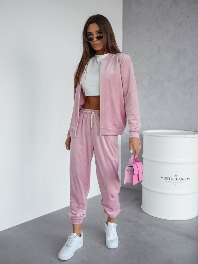 KOMPLET DRESOWY WELUROWY BLUZA ZAPINANA NA ZAMEK+ SPODNIE- PUDROWY