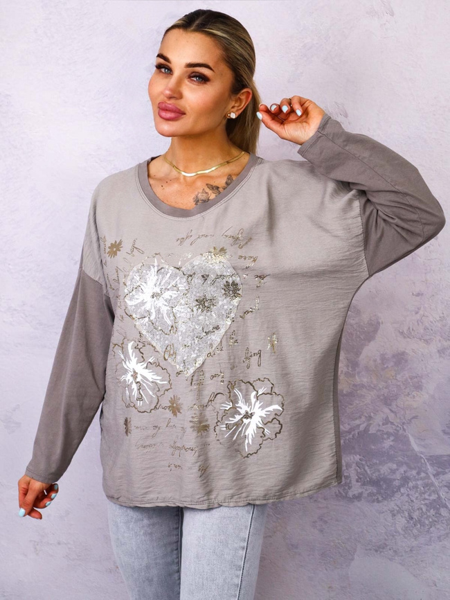 BLUZKA Z APLIKACJĄ I OZDOBNYMI CEKINAMI- BEŻOWA