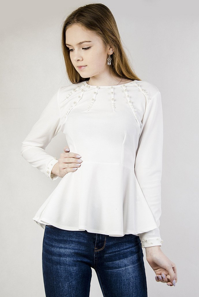 Biała bluzka z baskinką, wyszywana koralikami