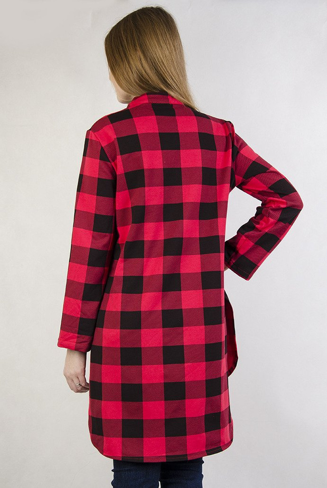 Długa asymetryczna koszula w czerwono-czarną kratę