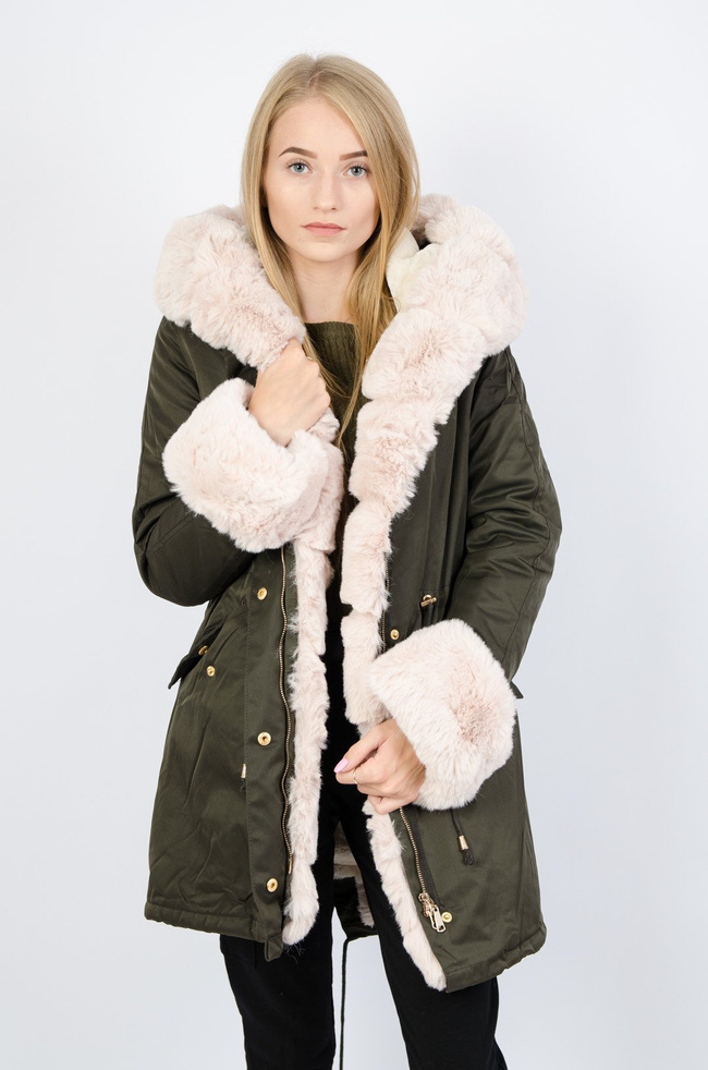 Zielona kurtka parka z beżowym futerkiem