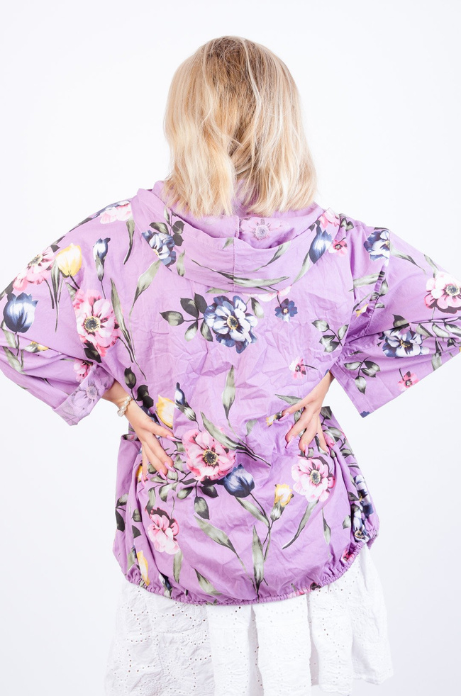 FIOLETOWA NARZUTA/ BLUZA W KWIATY Z KAPTUREM