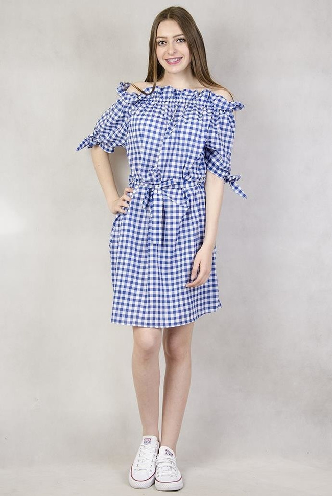 Tunika wiązana w pasie w biało-niebieską kratę