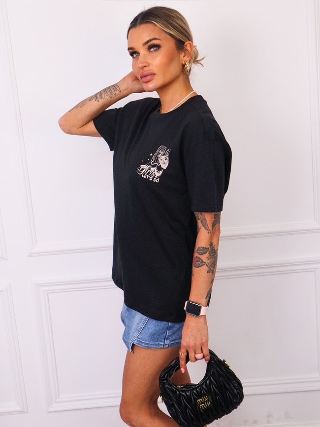 T-SHIRT Z BEŻOWĄ APLIKACJĄ Z PRZODU I NA PLECACH- CZARNY