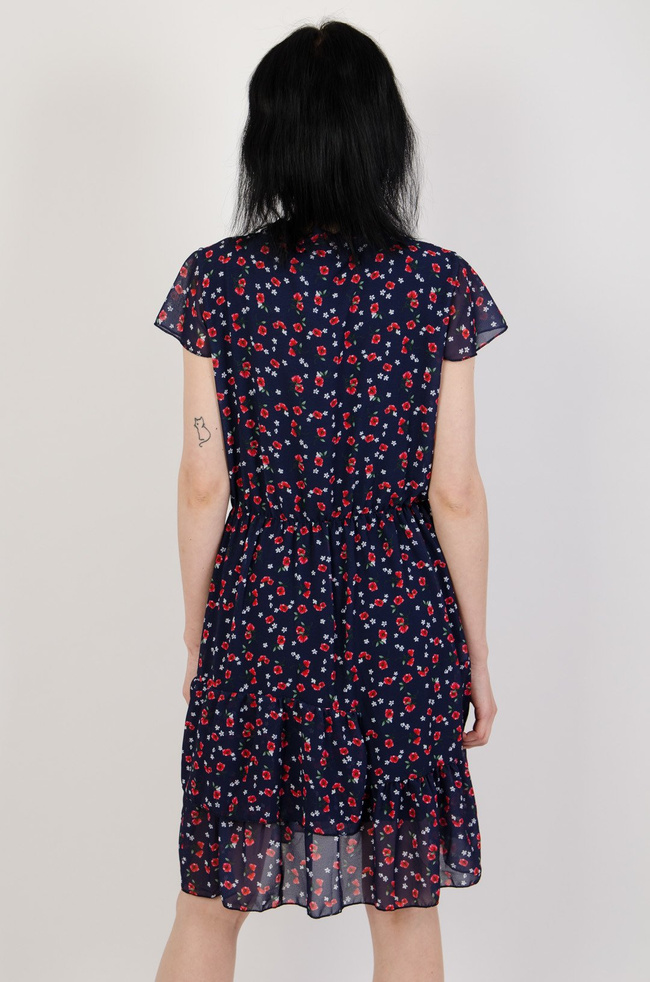 Granatowa sukienka w czerwone kwiatki z gumą w pasie