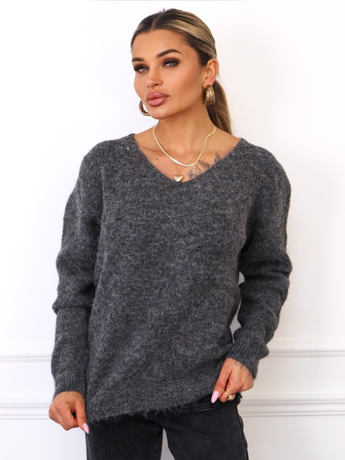 SWETER OVERSIZE Z DEKOLTEM W SEREK- CIEMNOSZARY