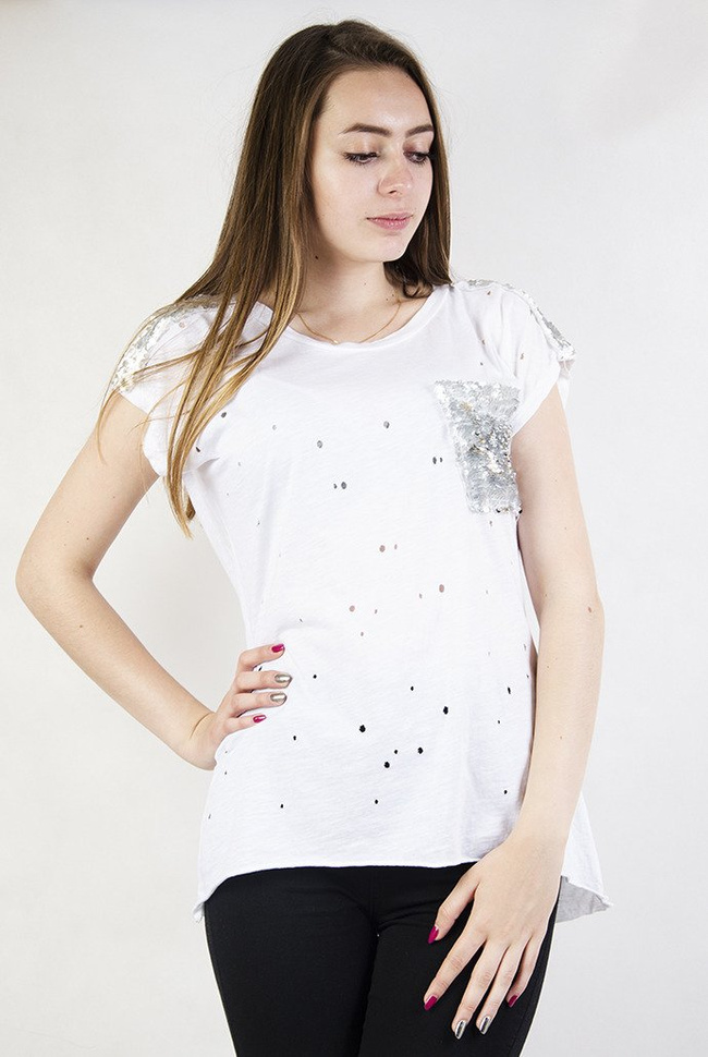 Biała bluzka dziurkowana, z cekinami